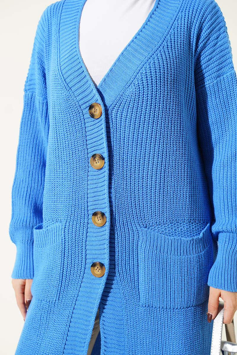 Long Button Knit Cardigan with Pockets - Blue