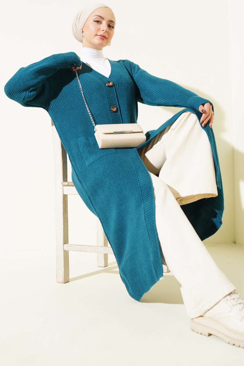 Long Button Knit Cardigan with Pockets - Teal