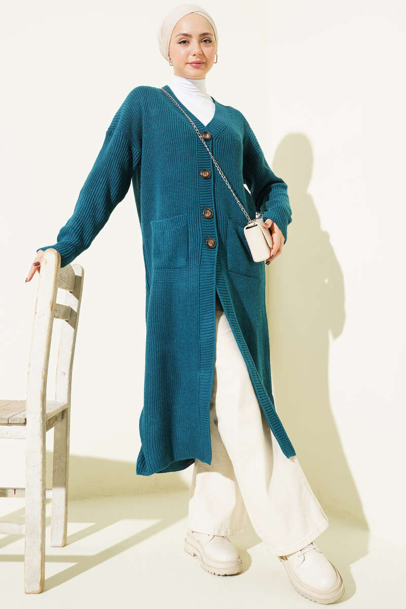 Long Button Knit Cardigan with Pockets - Teal