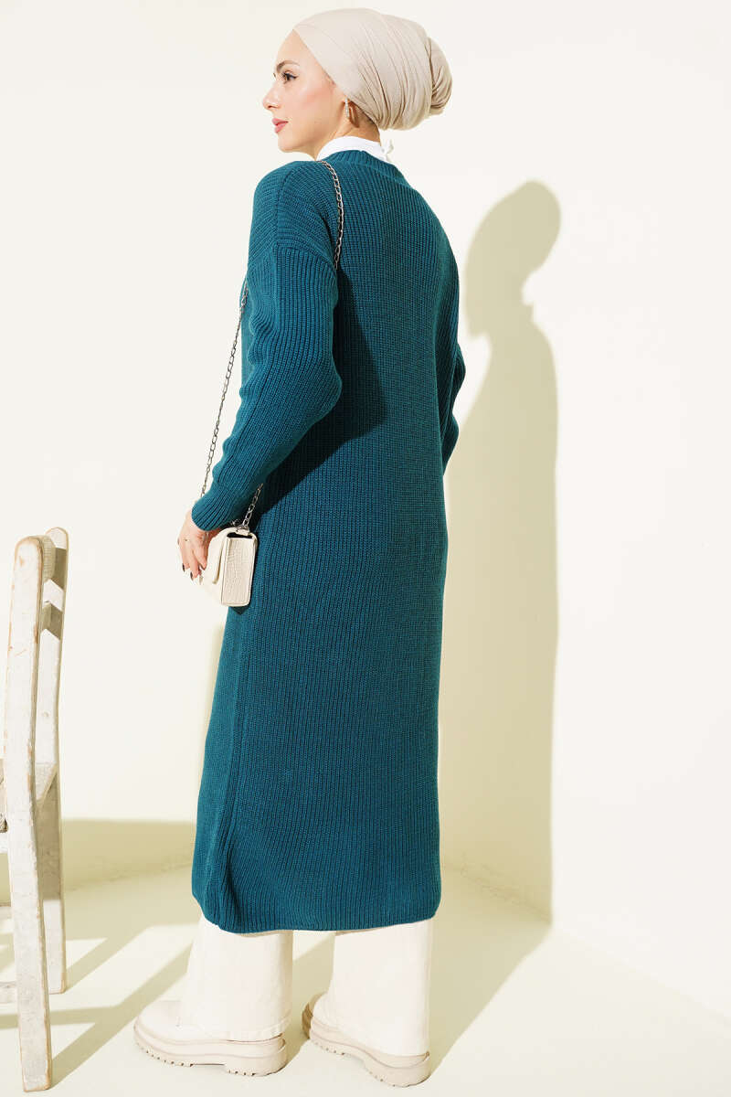 Long Button Knit Cardigan with Pockets - Teal