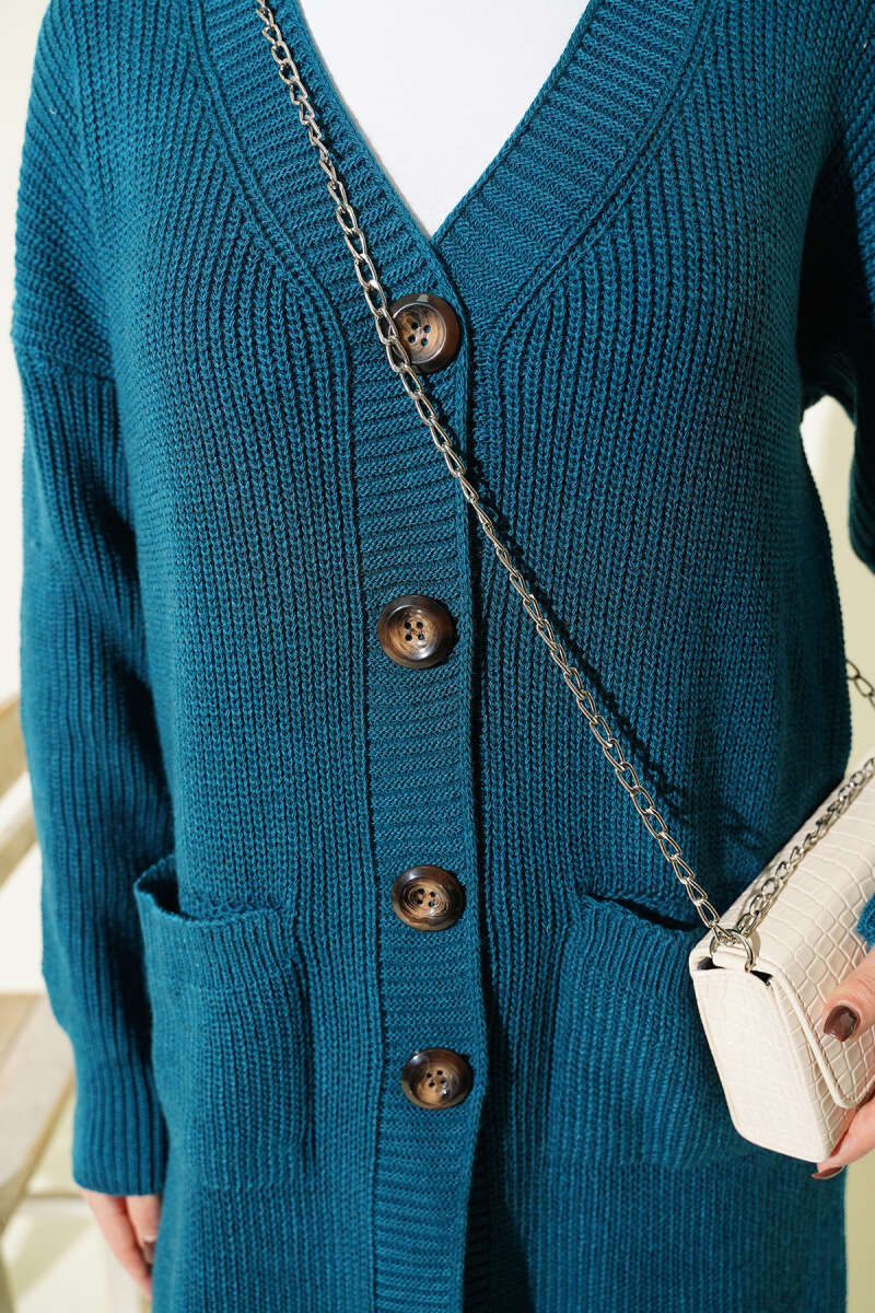 Long Button Knit Cardigan with Pockets - Teal