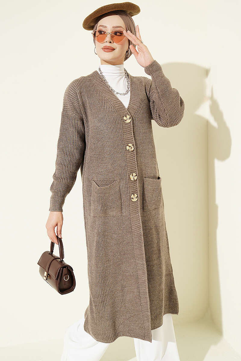 Long Button Knit Cardigan with Pockets - Mink