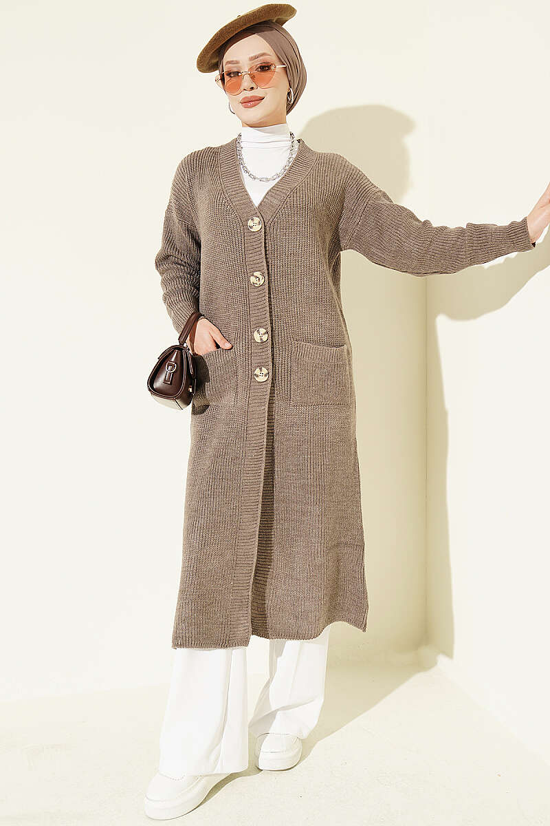 Long Button Knit Cardigan with Pockets - Mink