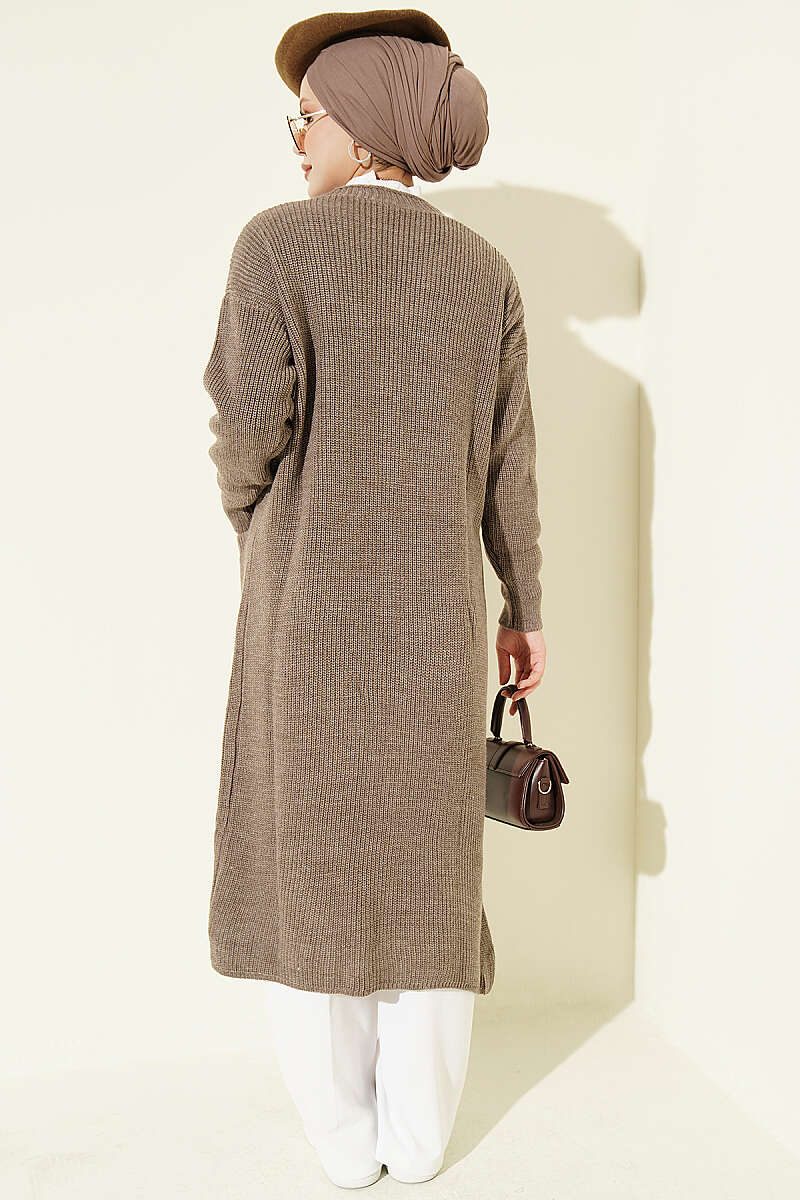Long Button Knit Cardigan with Pockets - Mink