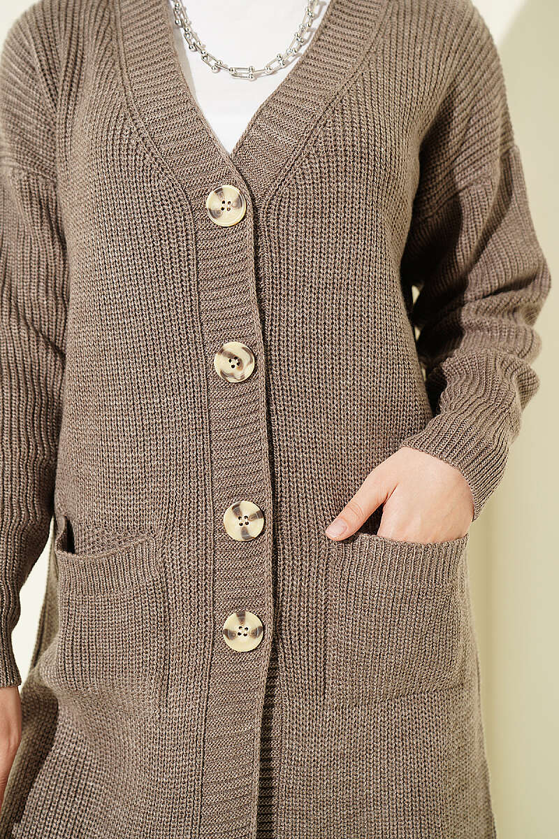 Long Button Knit Cardigan with Pockets - Mink