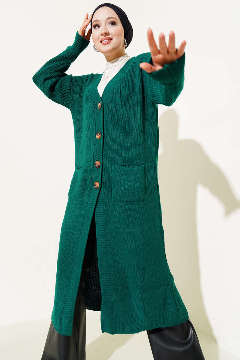 Long Button Knit Cardigan with Pockets - Emerald