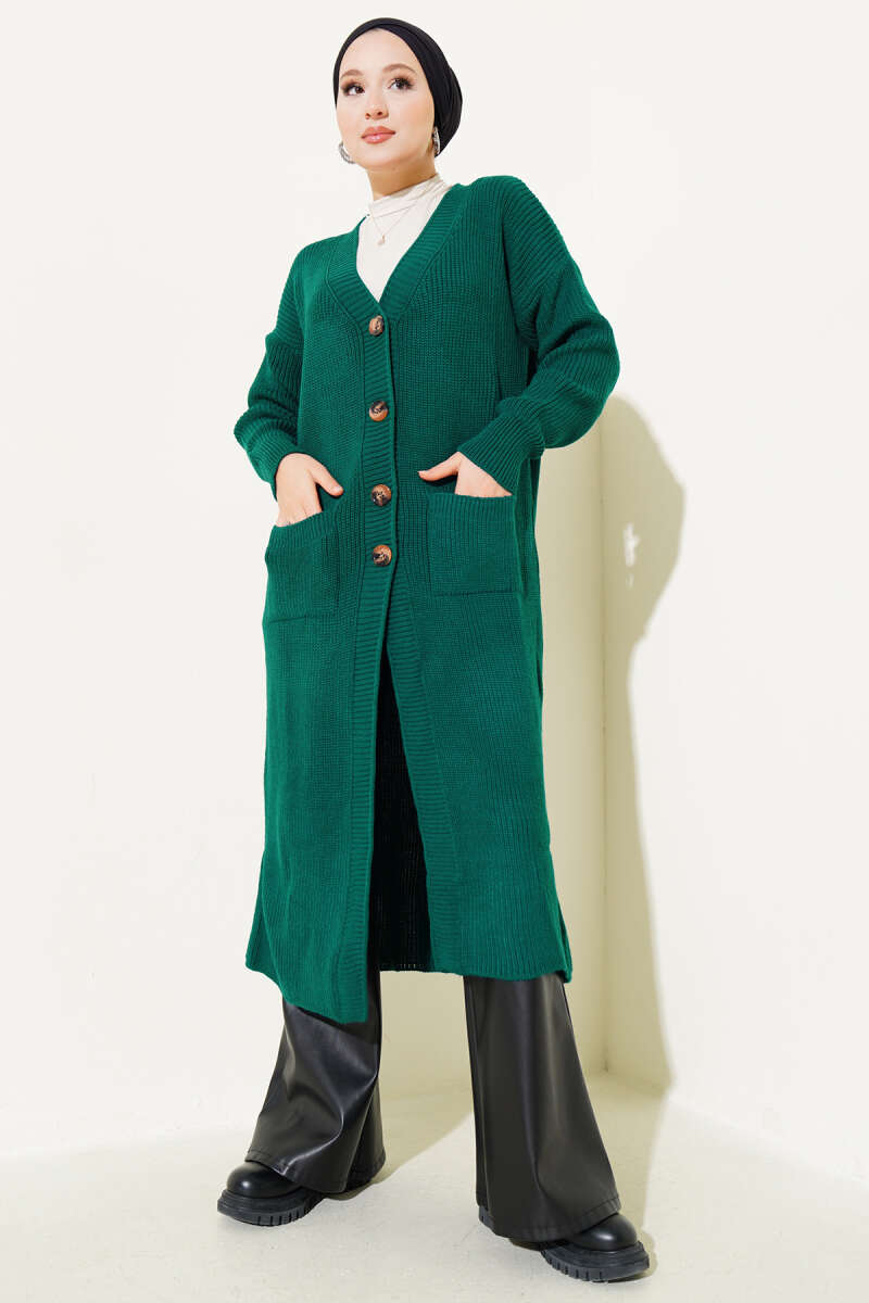 Long Button Knit Cardigan with Pockets - Emerald