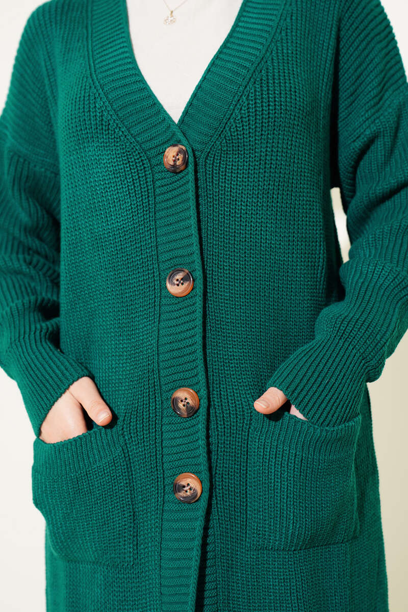Long Button Knit Cardigan with Pockets - Emerald