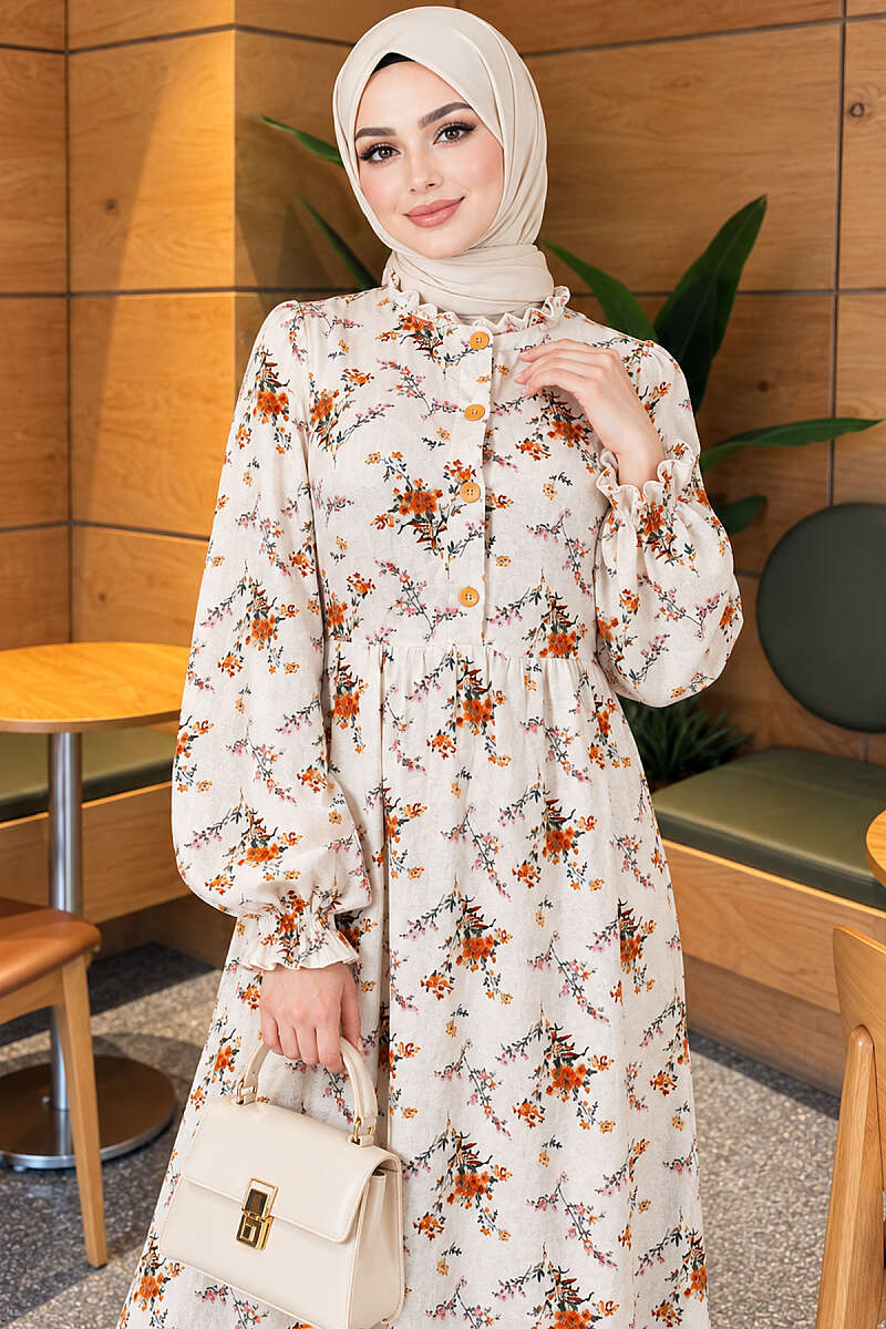 Button Floral Dress - Beige