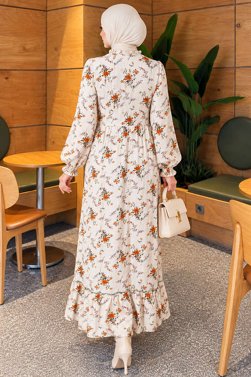 Button Floral Dress - Beige