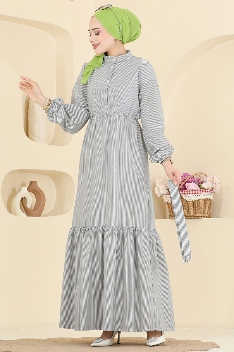 Sporty Striped Button Dress - Grey