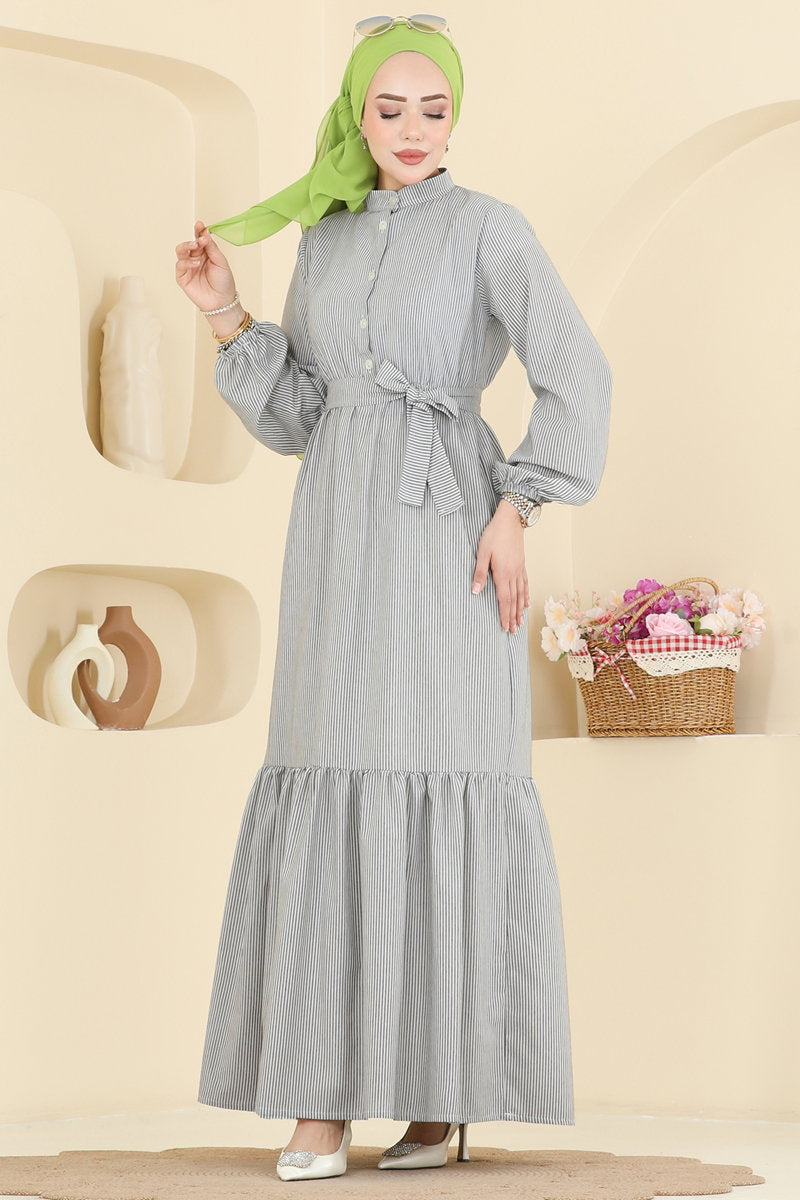 Sporty Striped Button Dress - Grey
