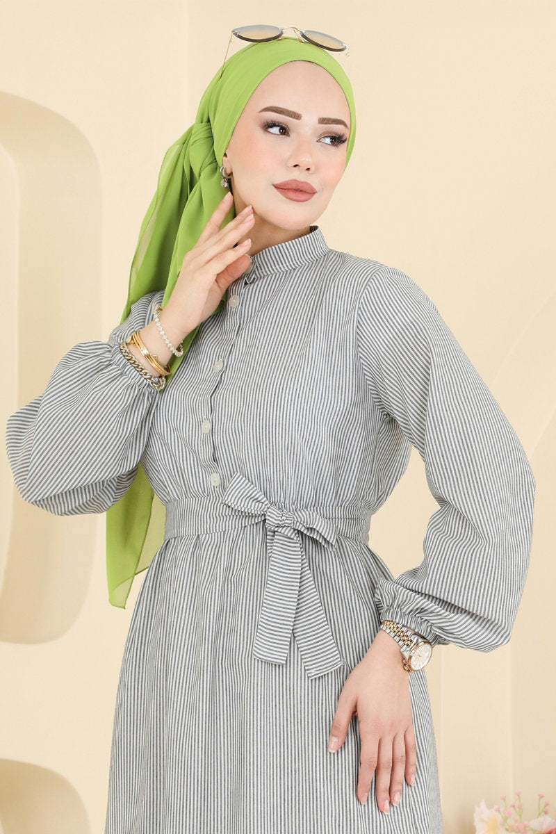 Sporty Striped Button Dress - Grey