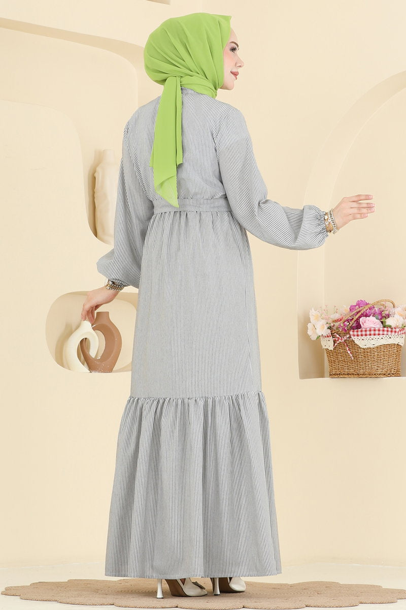 Sporty Striped Button Dress - Grey