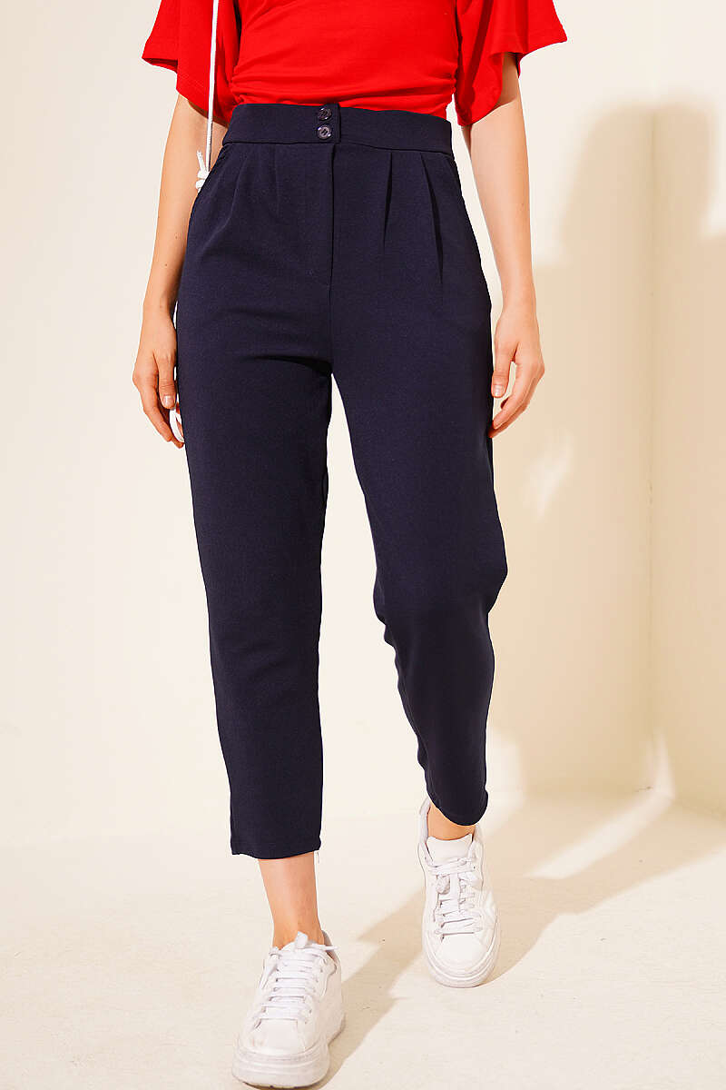 Slim-Leg Trousers with Buttons - Navy