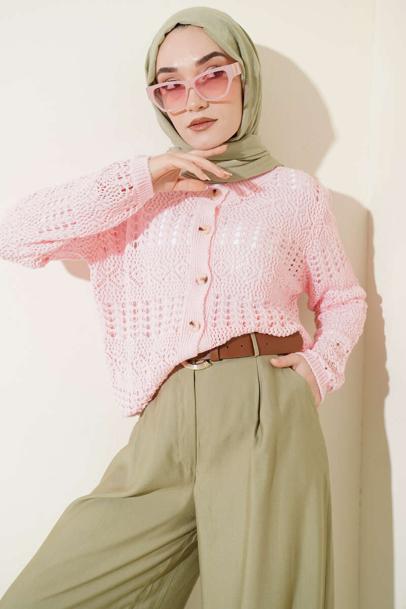 Short Patterned Pointelle Cardigan with Buttons - Pink