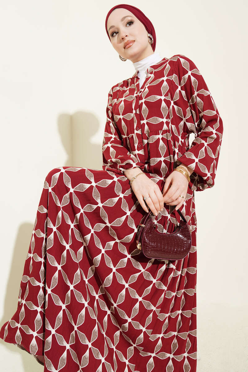 Printed Button Dress with Elastic Cuffs - Burgundy