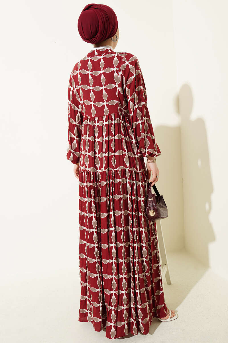 Printed Button Dress with Elastic Cuffs - Burgundy