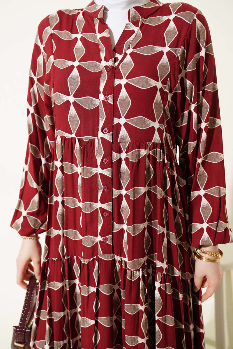 Printed Button Dress with Elastic Cuffs - Burgundy