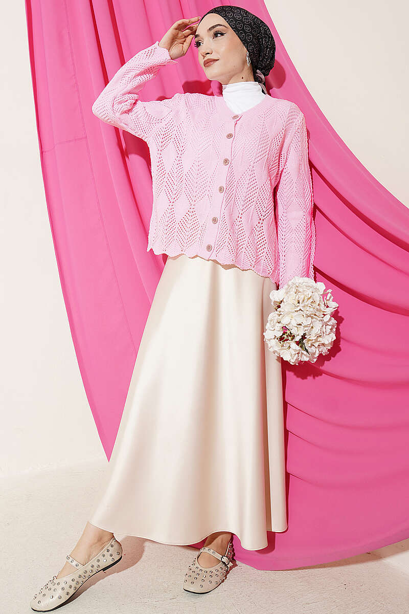 Short Patterned Pointelle Button Cardigan - Pink