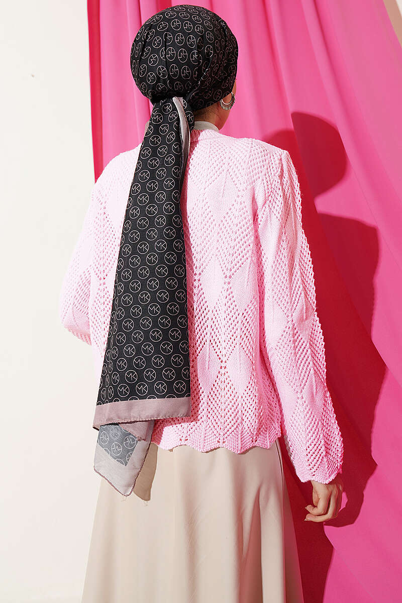 Short Patterned Pointelle Button Cardigan - Pink