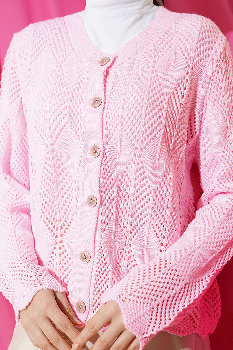 Short Patterned Pointelle Button Cardigan - Pink