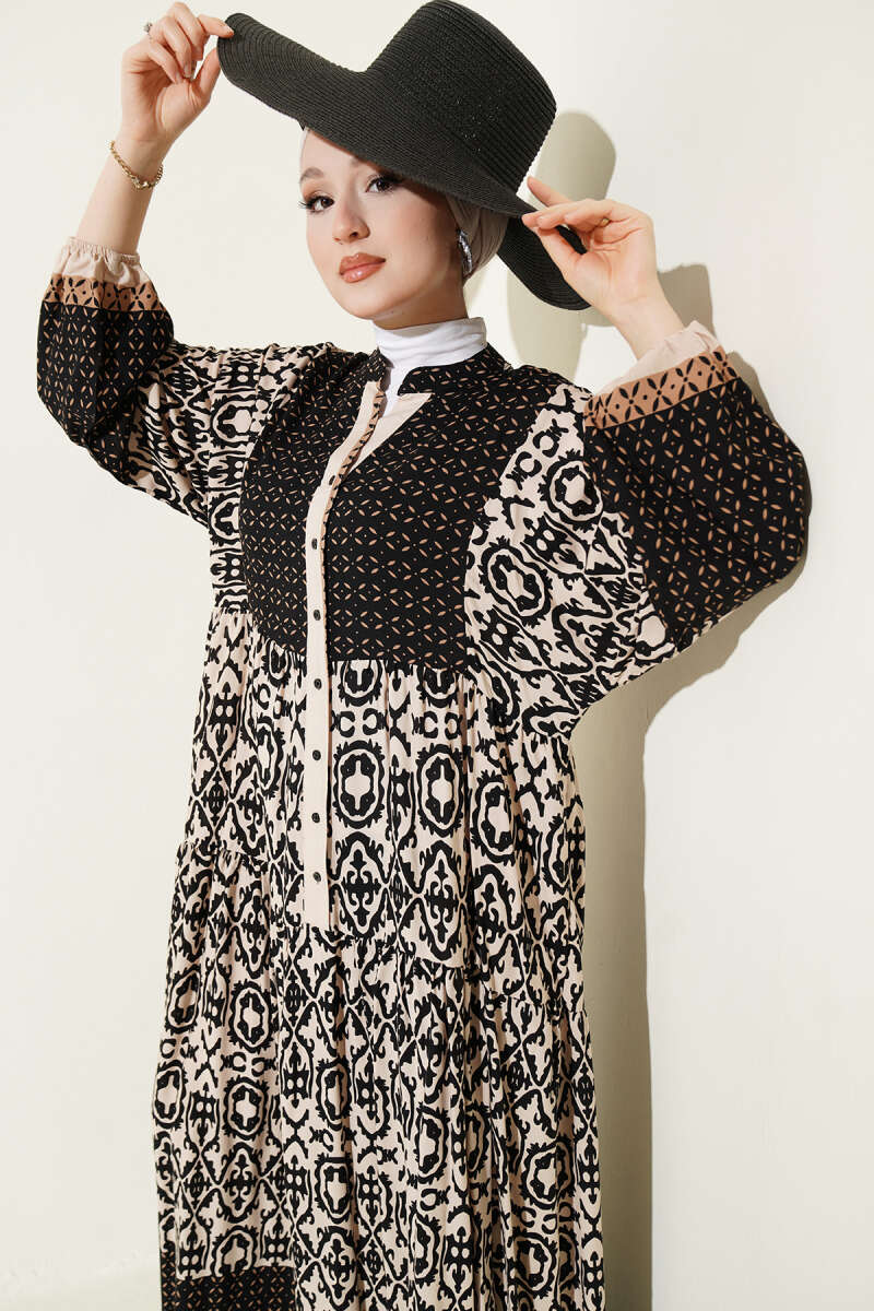Tiered Ethnic Print Button Dress - Beige