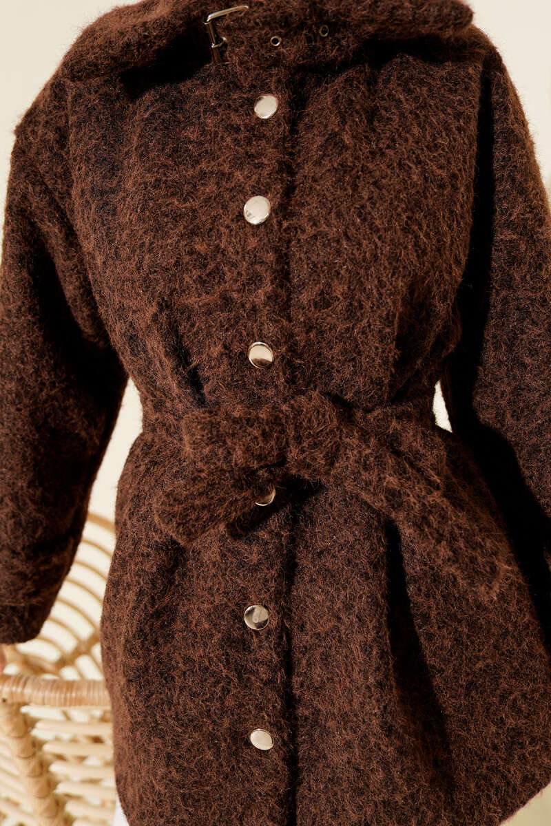 Shirt-Collar Felt Button Jacket - Brown