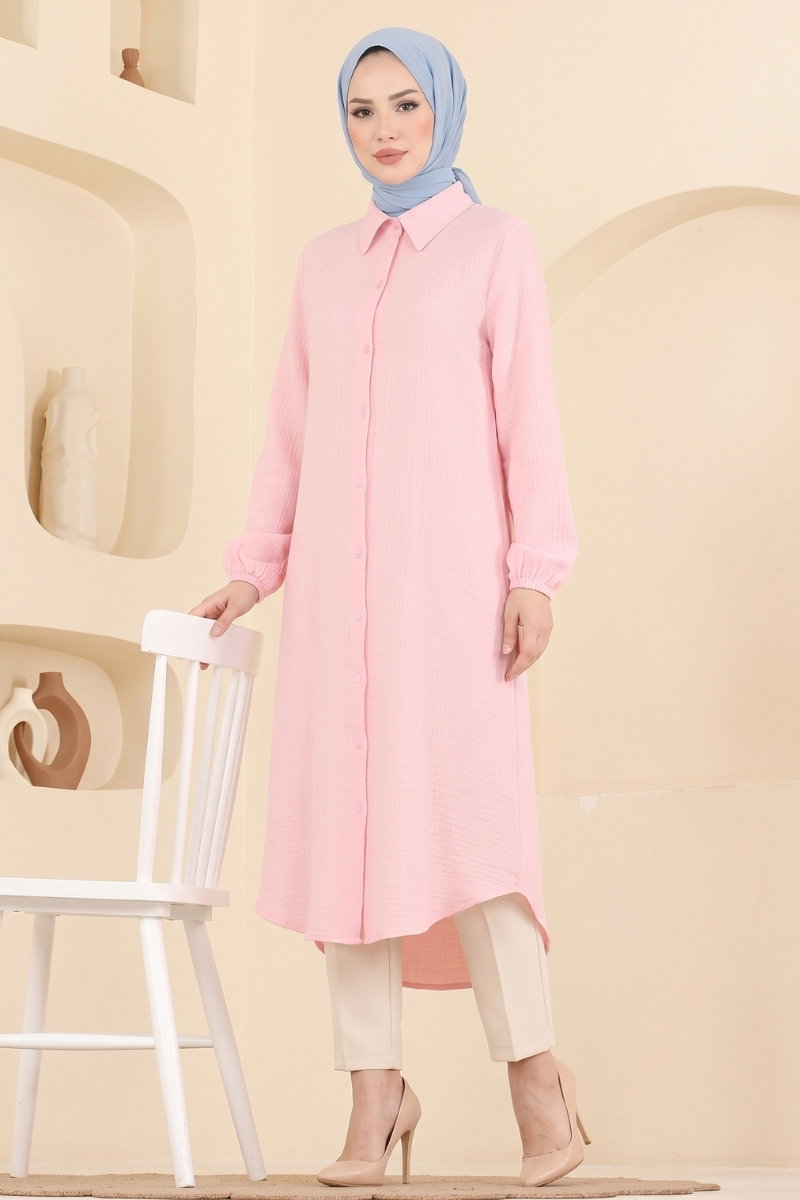 Button-Down Shirt-Collar Muslin Tunic - Light Pink