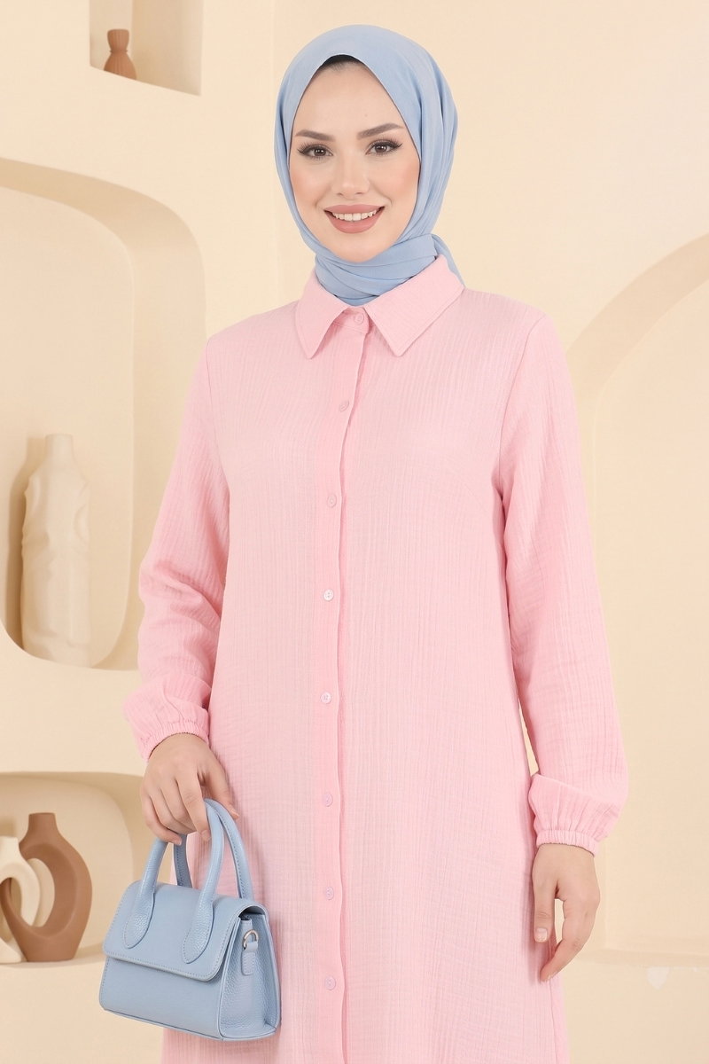 Button-Down Shirt-Collar Muslin Tunic - Light Pink