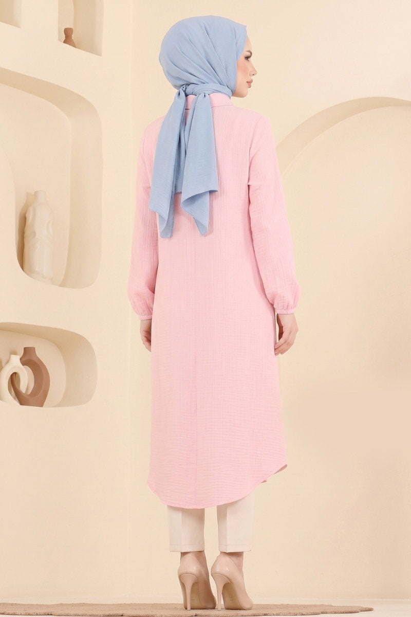 Button-Down Shirt-Collar Muslin Tunic - Light Pink