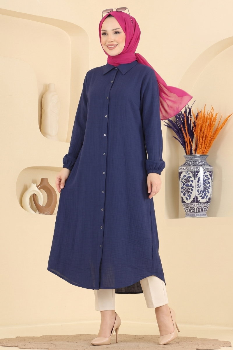 Button-Down Shirt-Collar Muslin Tunic - Navy