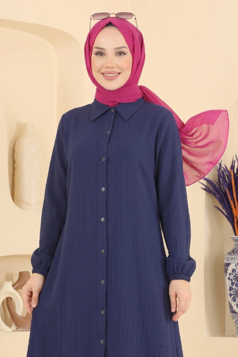Button-Down Shirt-Collar Muslin Tunic - Navy