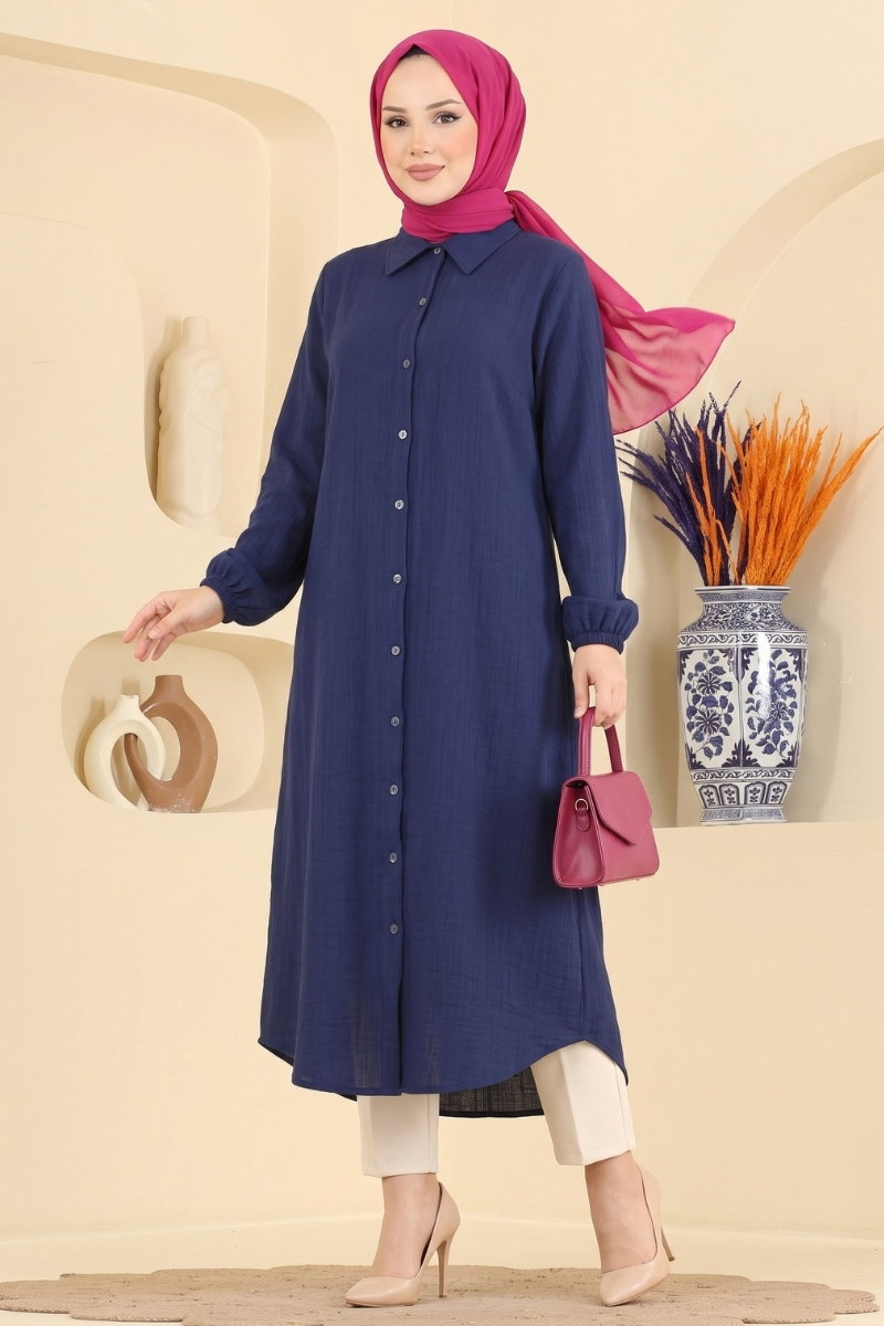 Button-Down Shirt-Collar Muslin Tunic - Navy