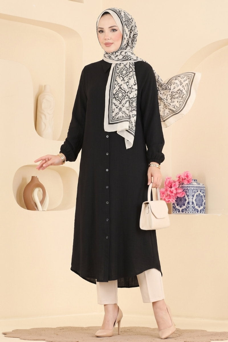Button-Down Shirt-Collar Muslin Tunic - Black