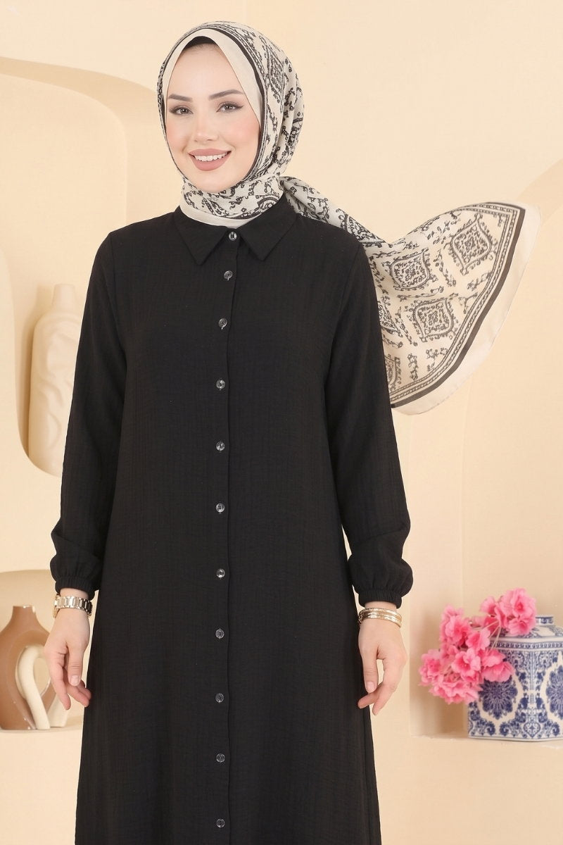 Button-Down Shirt-Collar Muslin Tunic - Black