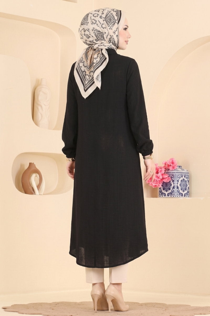 Button-Down Shirt-Collar Muslin Tunic - Black