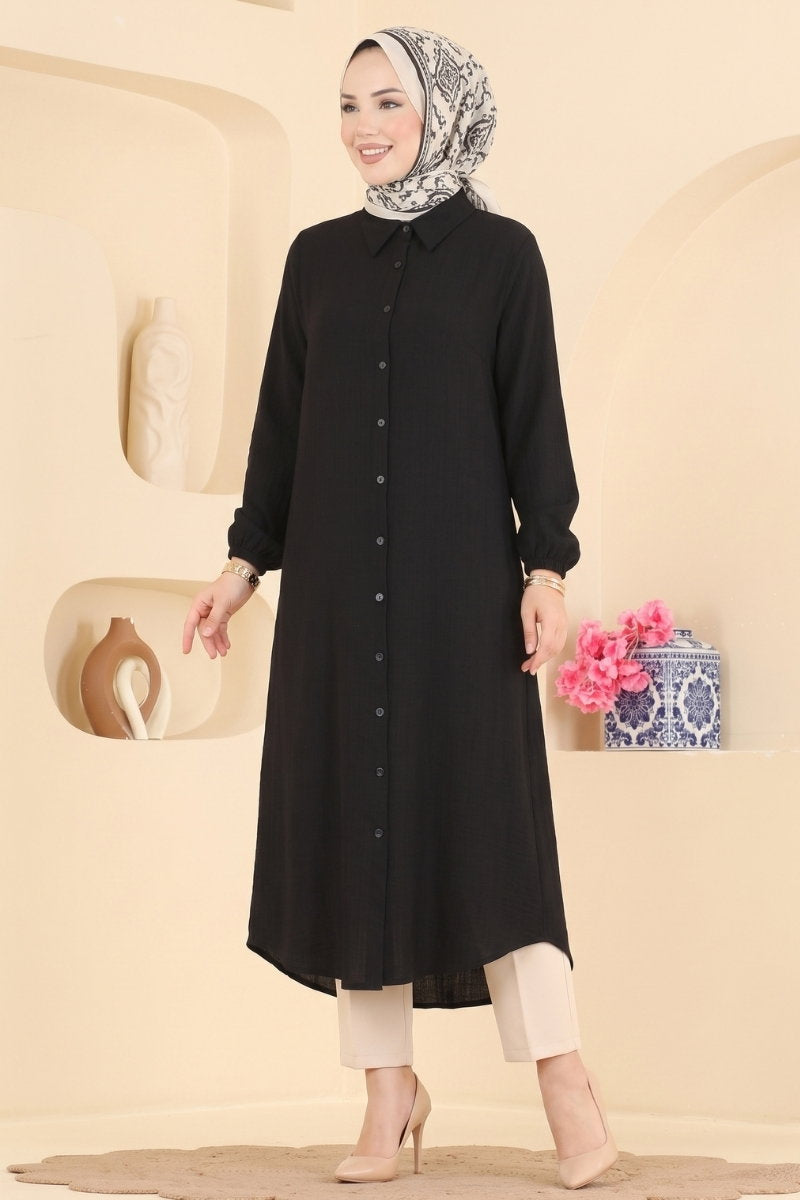 Button-Down Shirt-Collar Muslin Tunic - Black