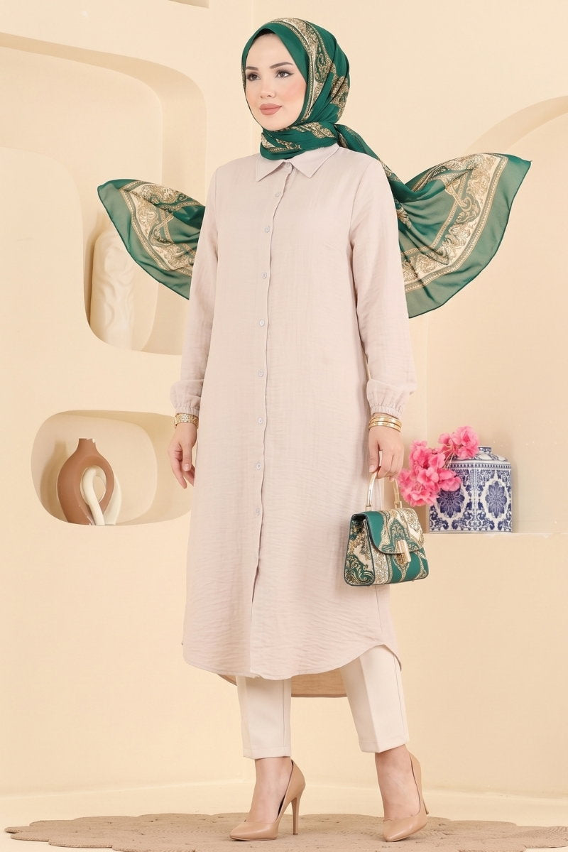 Button-Down Shirt-Collar Muslin Tunic - Stone