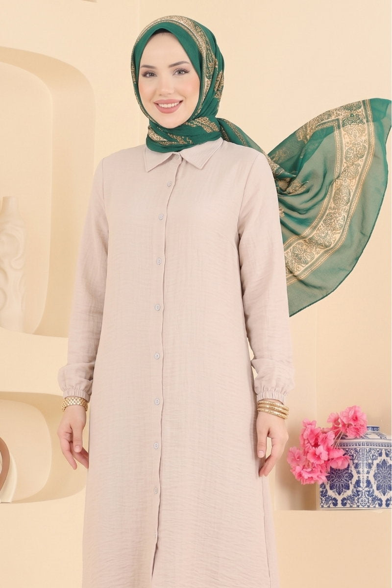 Button-Down Shirt-Collar Muslin Tunic - Stone