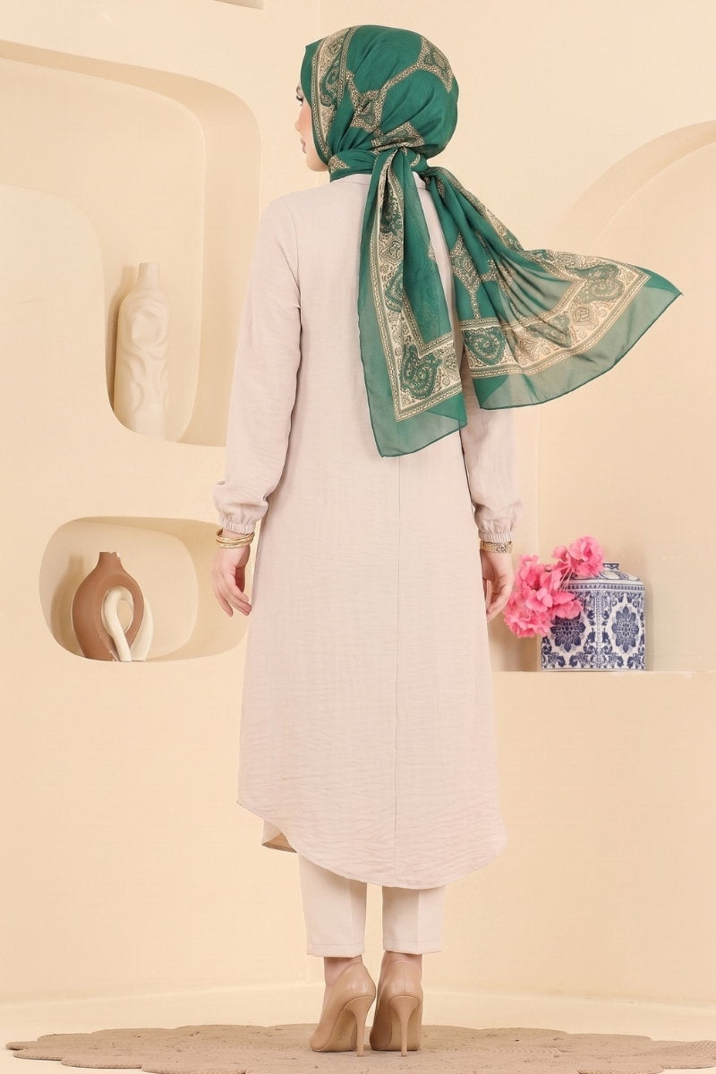 Button-Down Shirt-Collar Muslin Tunic - Stone