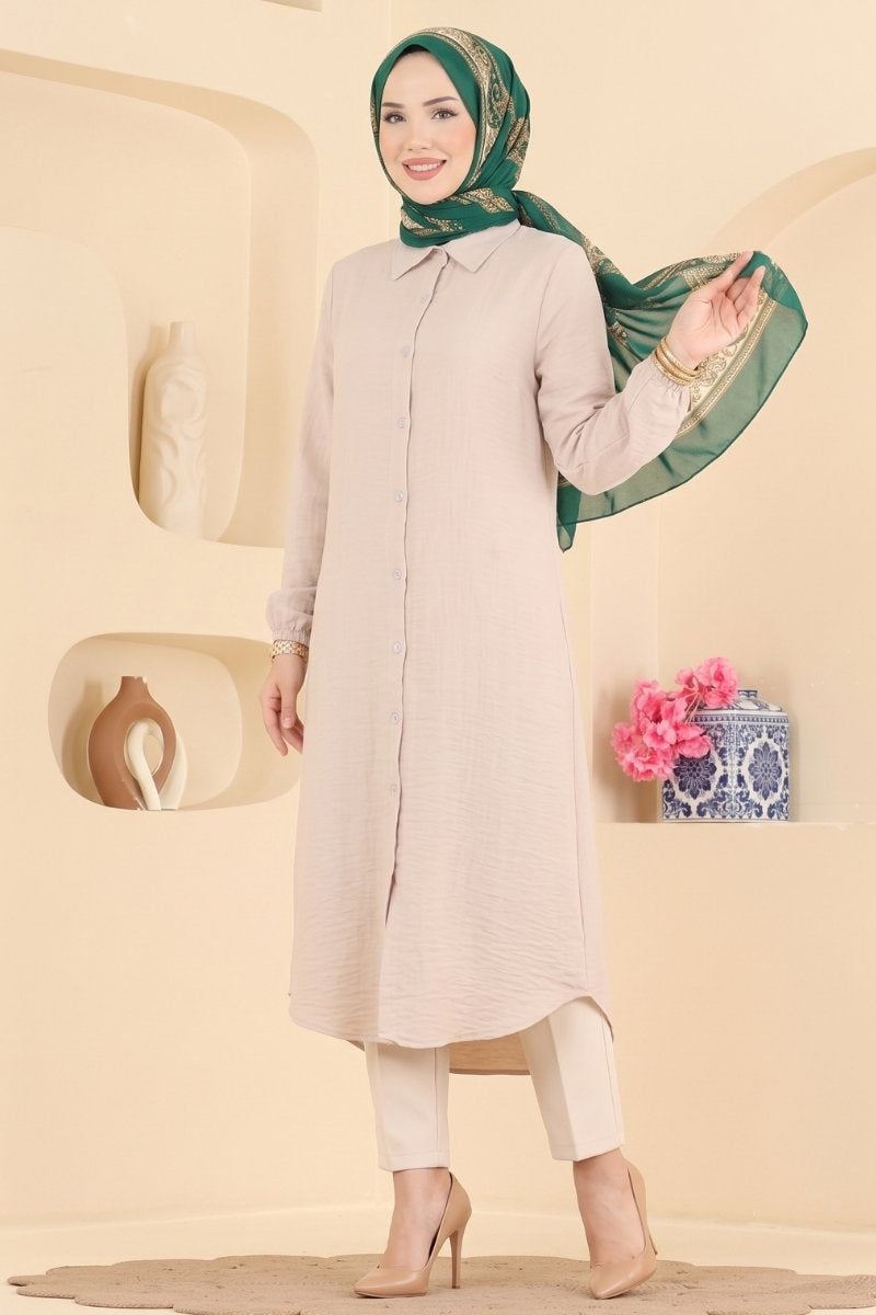 Button-Down Shirt-Collar Muslin Tunic - Stone
