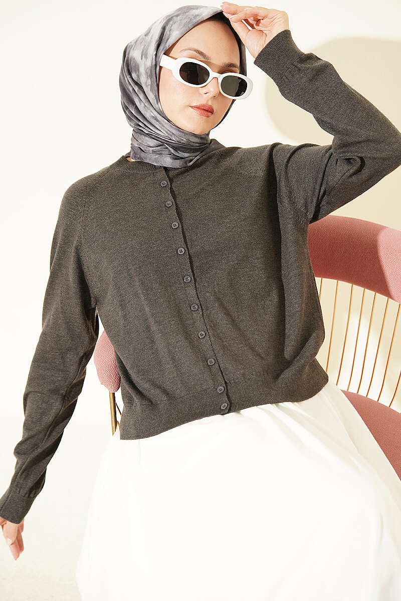 Fine-Knit Button Cardigan - Smoke Grey
