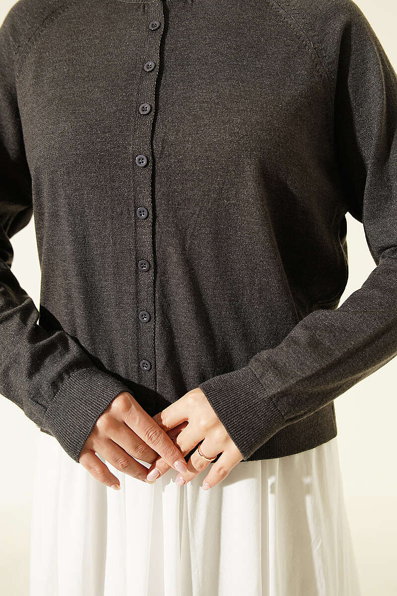 Fine-Knit Button Cardigan - Smoke Grey