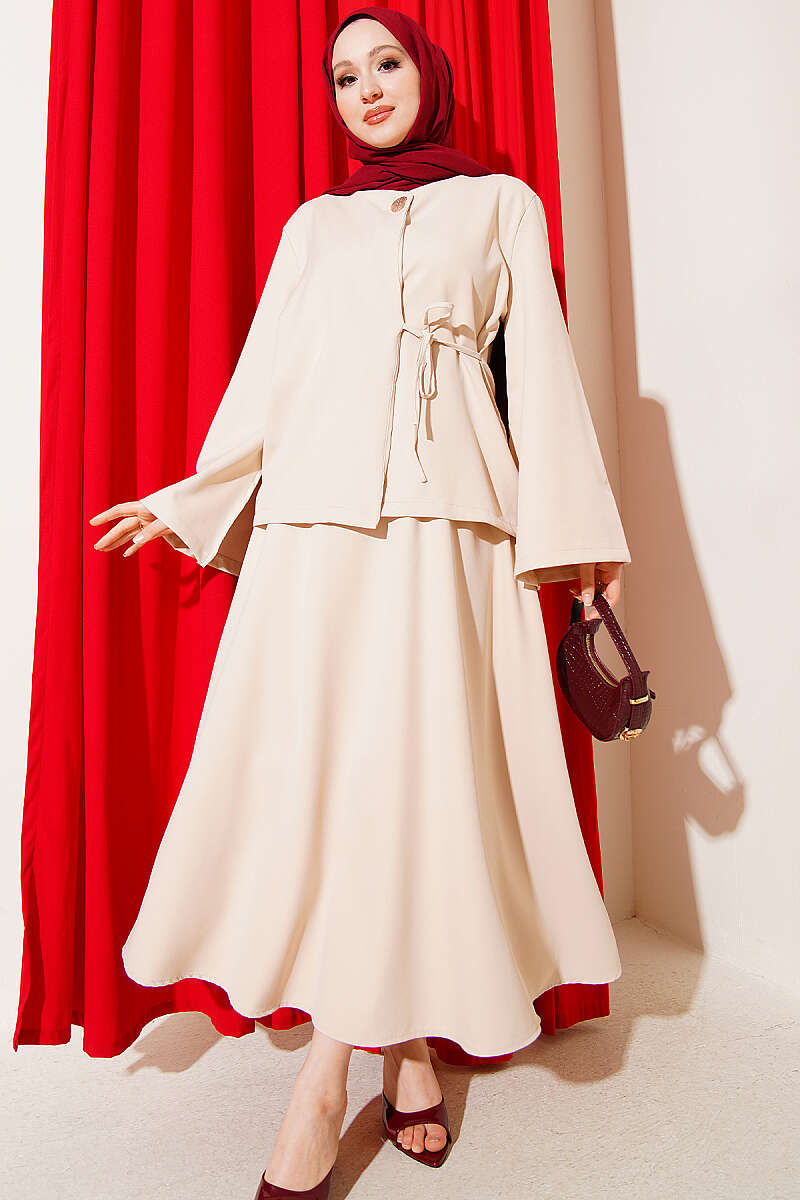 Double-Knit Button Skirt Set with Ties - Beige