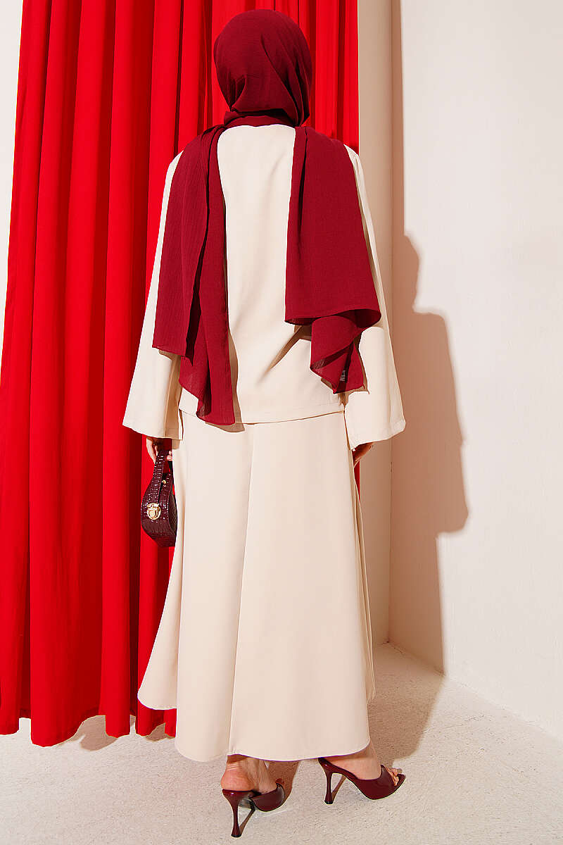 Double-Knit Button Skirt Set with Ties - Beige