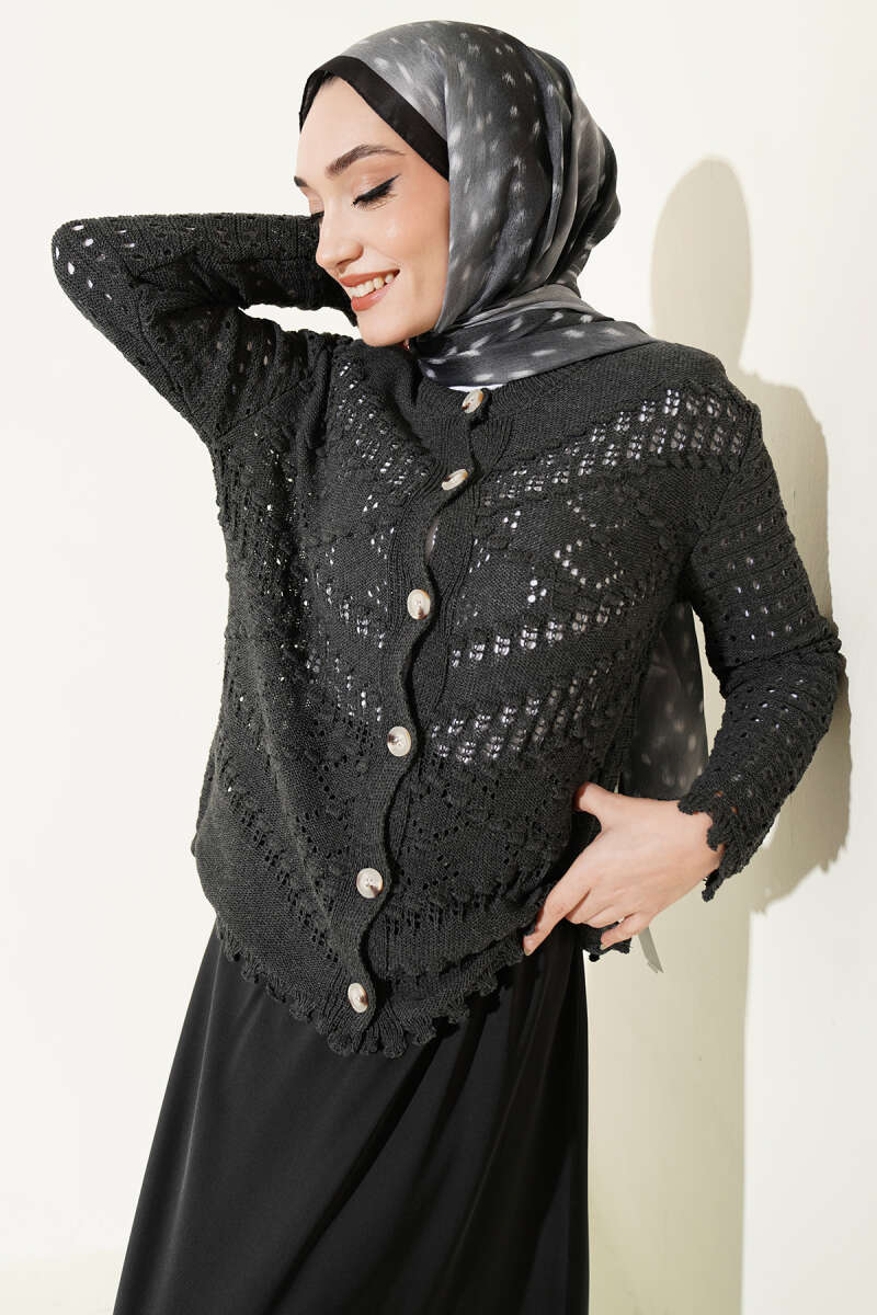 Short Textured Pointelle Button Cardigan - Smoke Grey