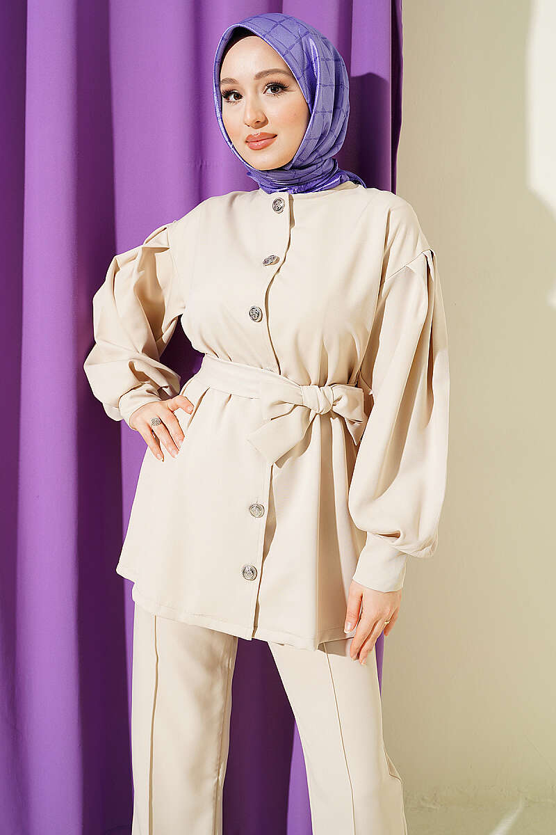 Button Two-Piece Set with Pleated Sleeves - Beige