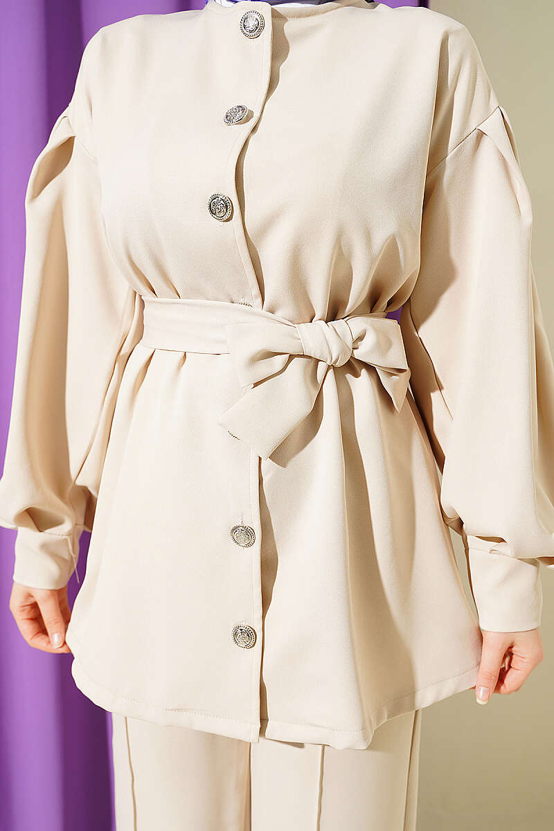 Button Two-Piece Set with Pleated Sleeves - Beige