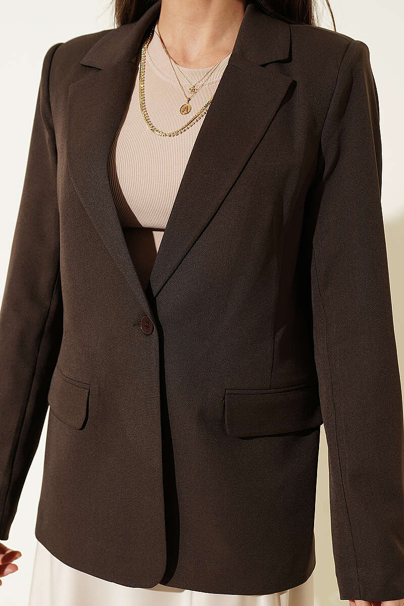 Double-Breasted Button Blazer - Brown